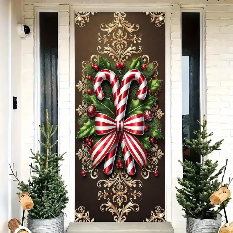 Saoplasa Christmas Door Cover Candy Cane Bow Banner 71 x 35 Inch Holiday Peppermint Stripe Wall Hanging with Holly Leaves Ornaments for Winter Wonderland Xmas Front Door Decor Photo Backdrop - Image 1